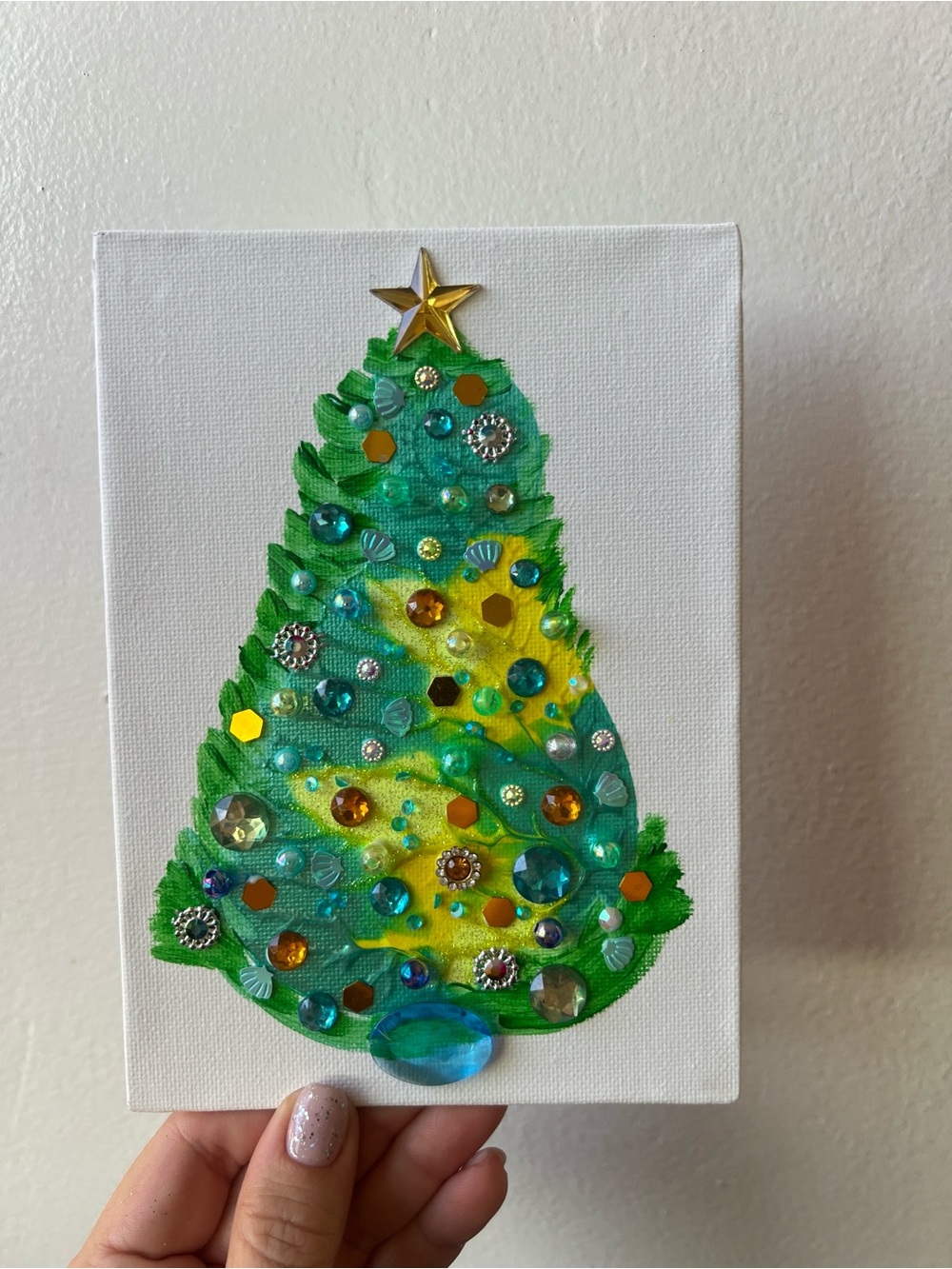 Embellished Green & Teal Holiday Tree Canvas Aqua & Gold Jeweled Christmas Tree - Picture 8 of 10